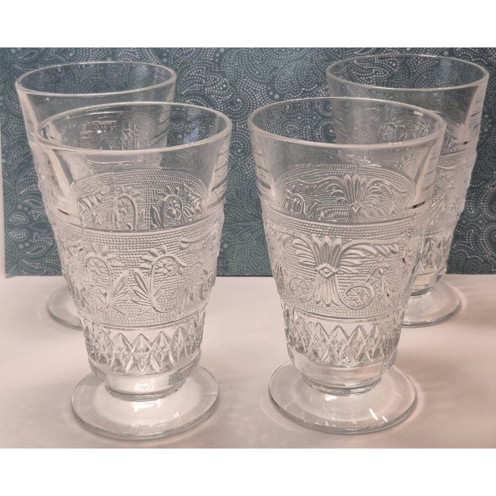 Set Of 4 Duncan Miller Sandwich Glass Footed Tumblers Vintage Iced Tea Glass